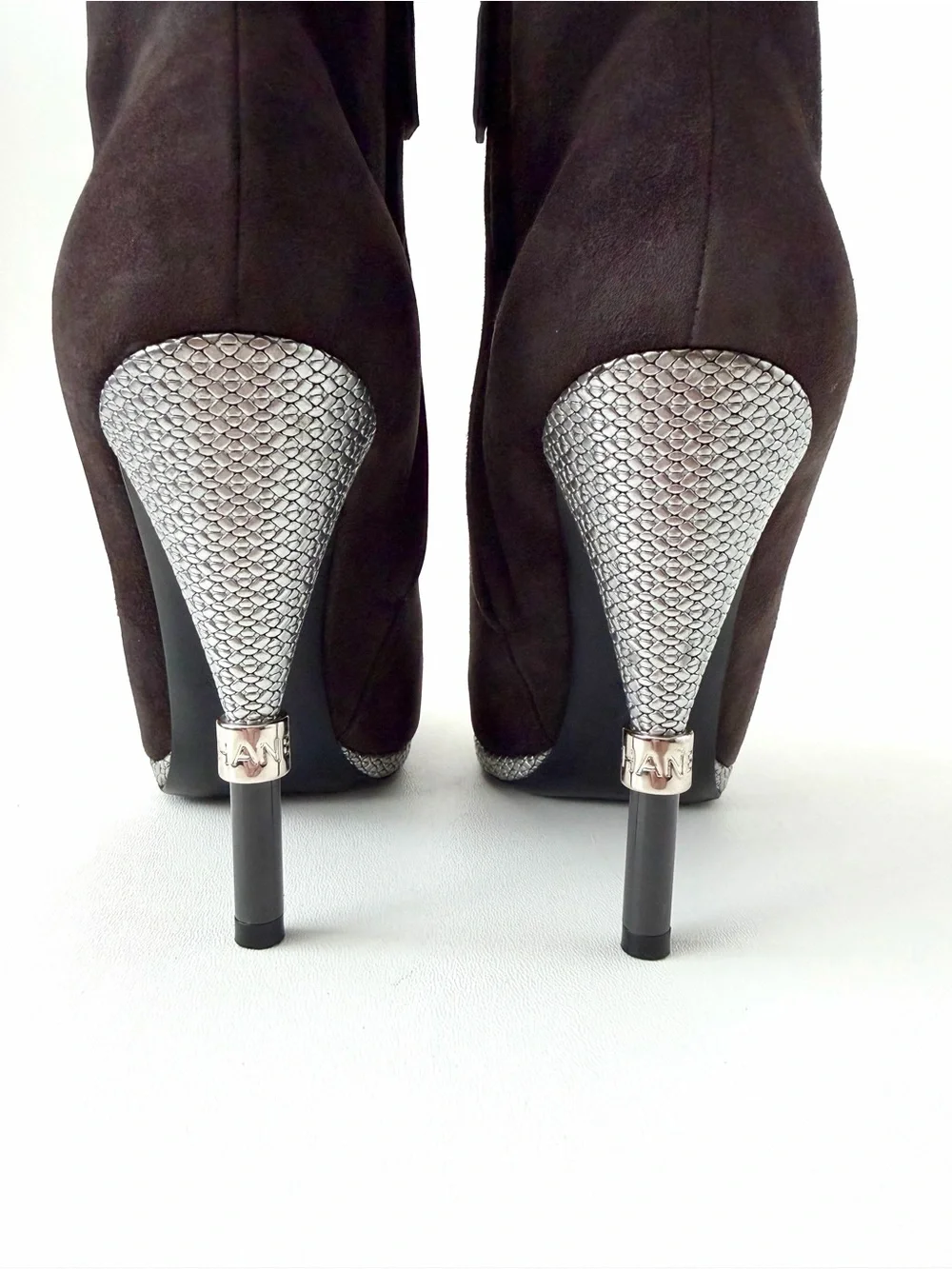 CHANEL | Suede CC Cap Toe Ankle Boots Gray Charcoal Silver High Heel EU 37